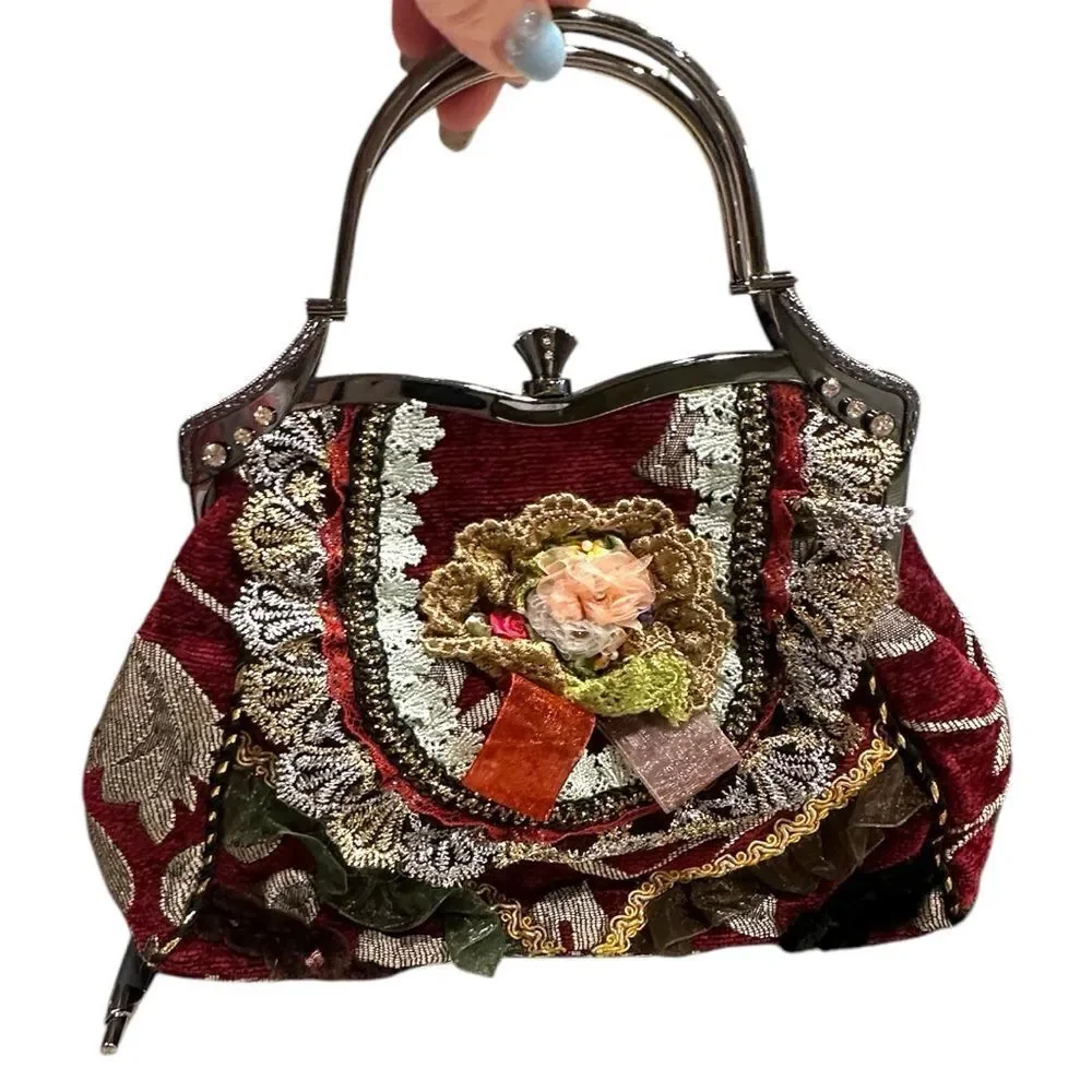 VTG Velvet Tapestry Bag Purse Ornate Rhinestones Ruffles Handbag Flowers Tassel